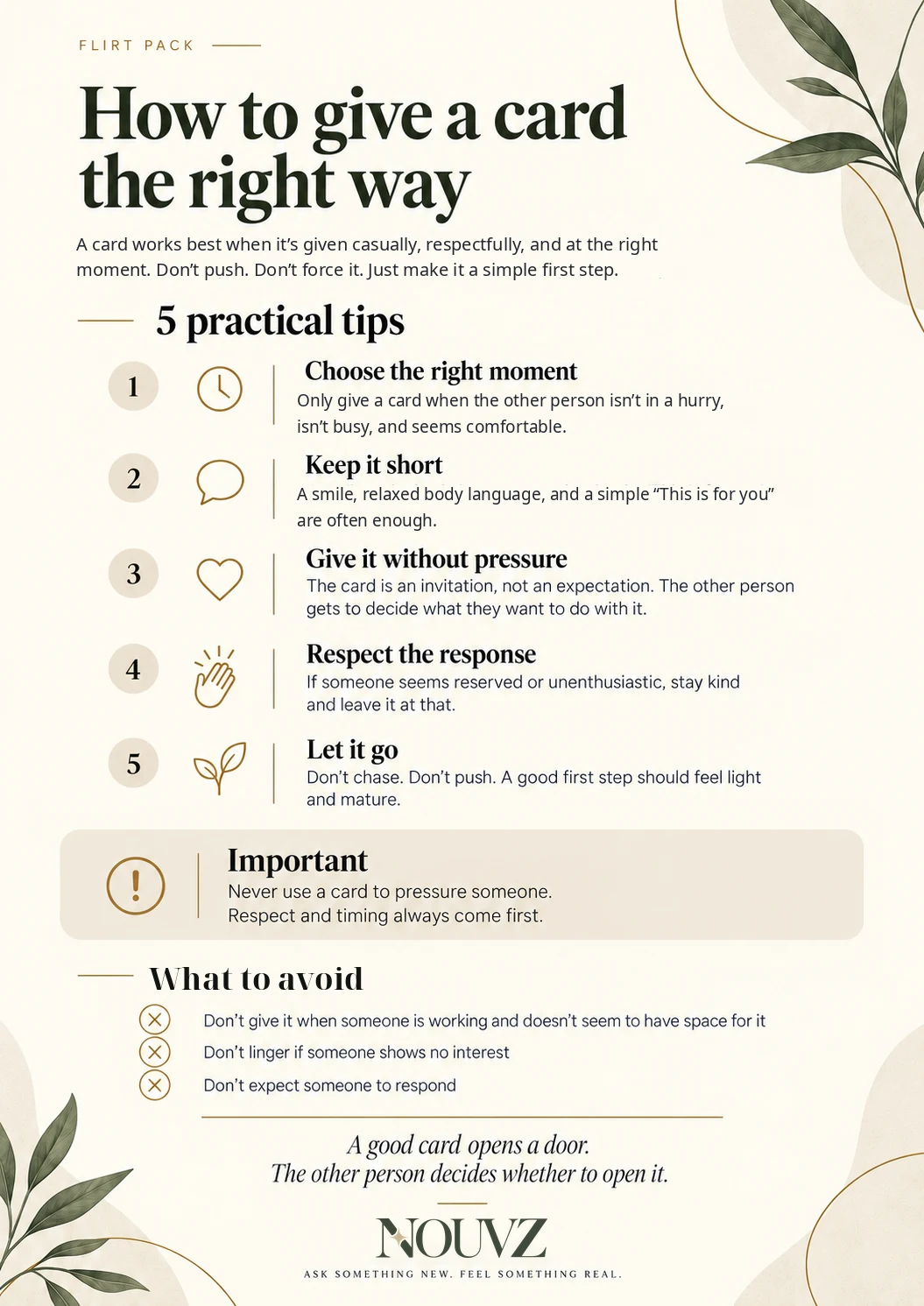 NOUVZ Flirt Pack guide: How to give a card the right way, with 5 practical tips, an important note and what to avoid