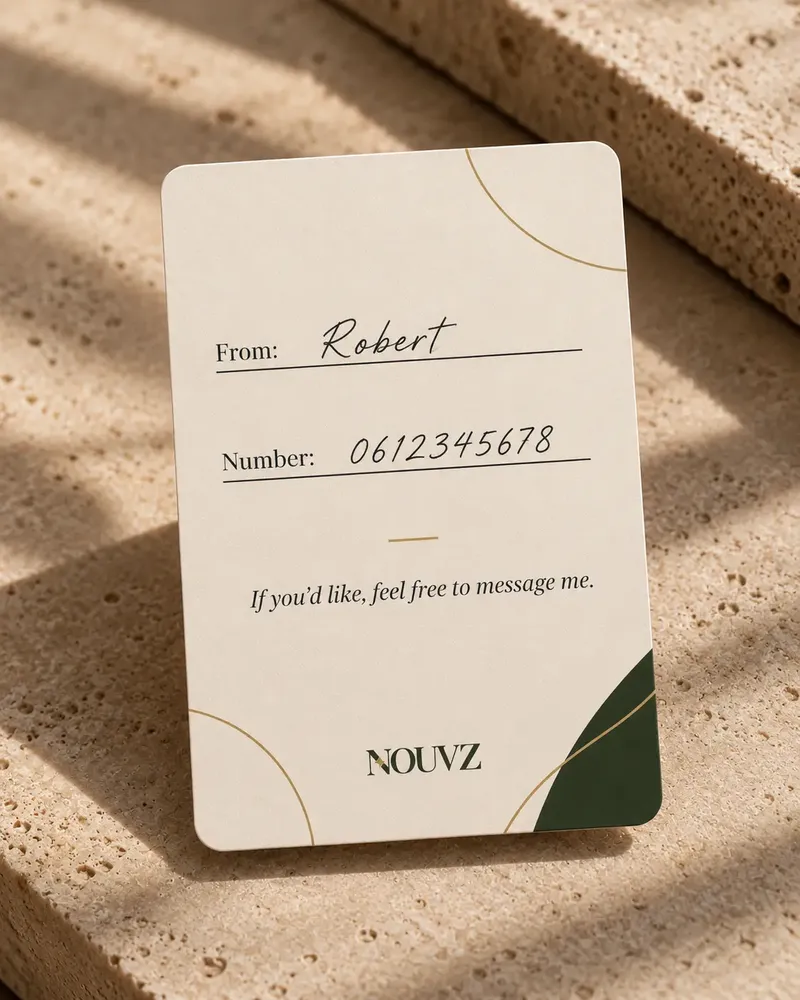 Writable back of a NOUVZ Flirt card with space for a name and phone number