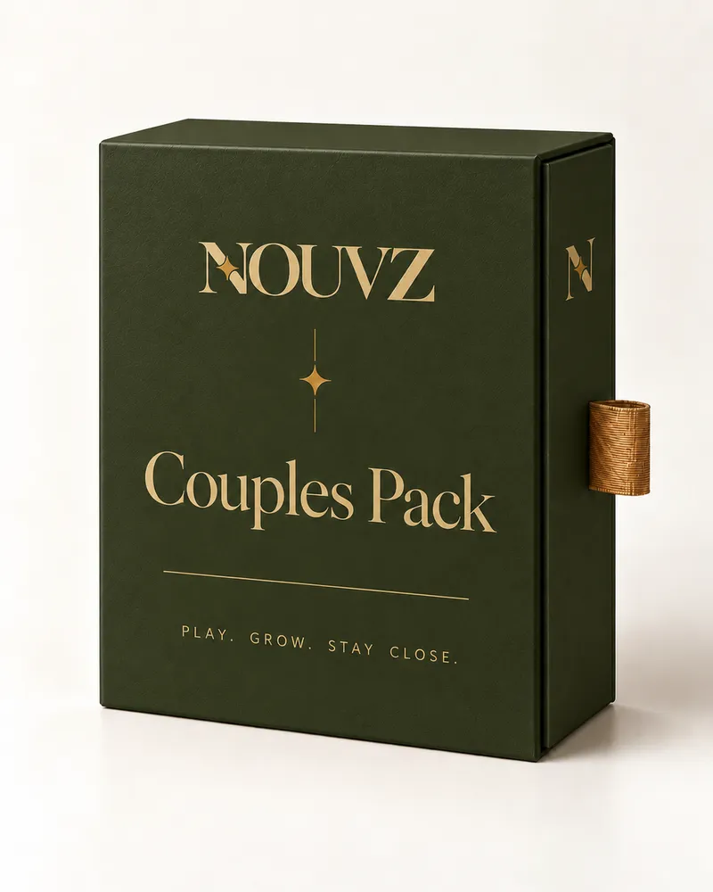 Dark olive NOUVZ Couples Pack box with gold wordmark and PLAY. GROW. STAY CLOSE.